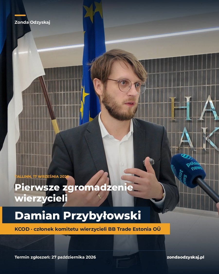 Damian Przybyłowski udziela wywiadu Polsat News po pierwszym zgromadzeniu wierzycieli w Harju Maakohus w Tallinnie, 17 września 2026